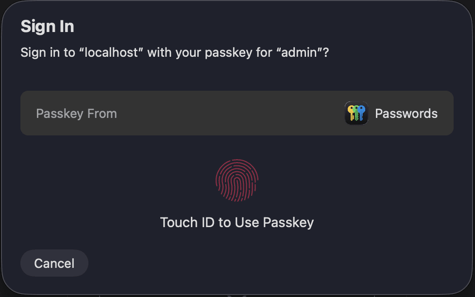 A macOS security dialog showing a passkey. macOS security dialog