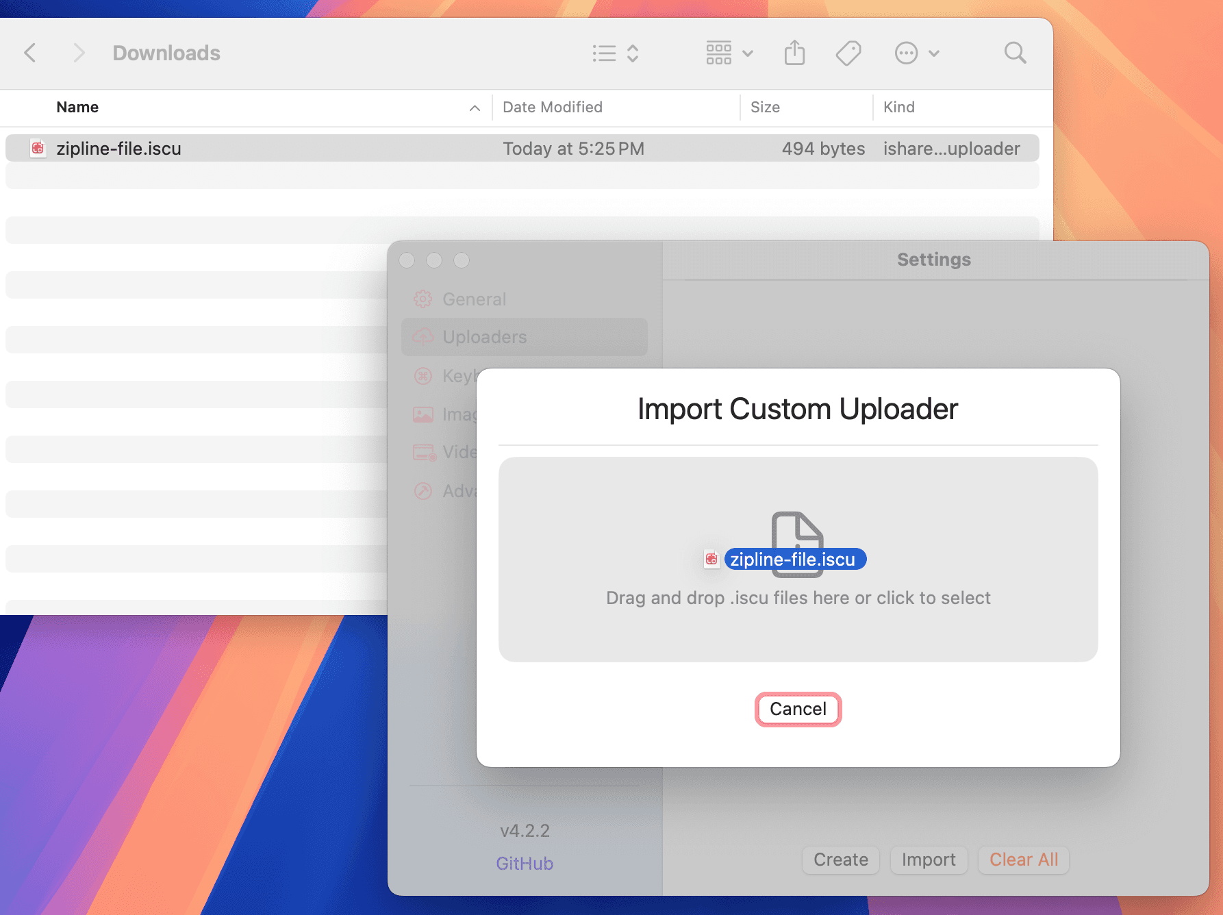 Drag the downloaded .iscu file into ishare after clicking the "Import" button in Uploader settings downloaded file