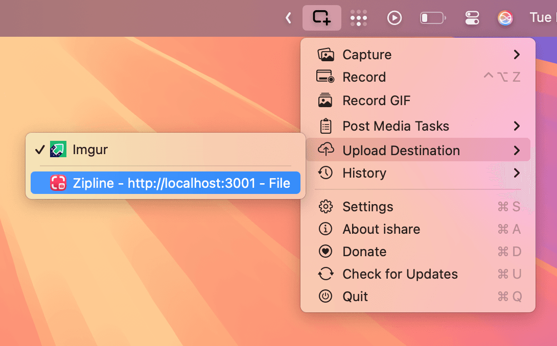 Click on the ishare app in the menu bar and then set the upload destination as Zipline set as default