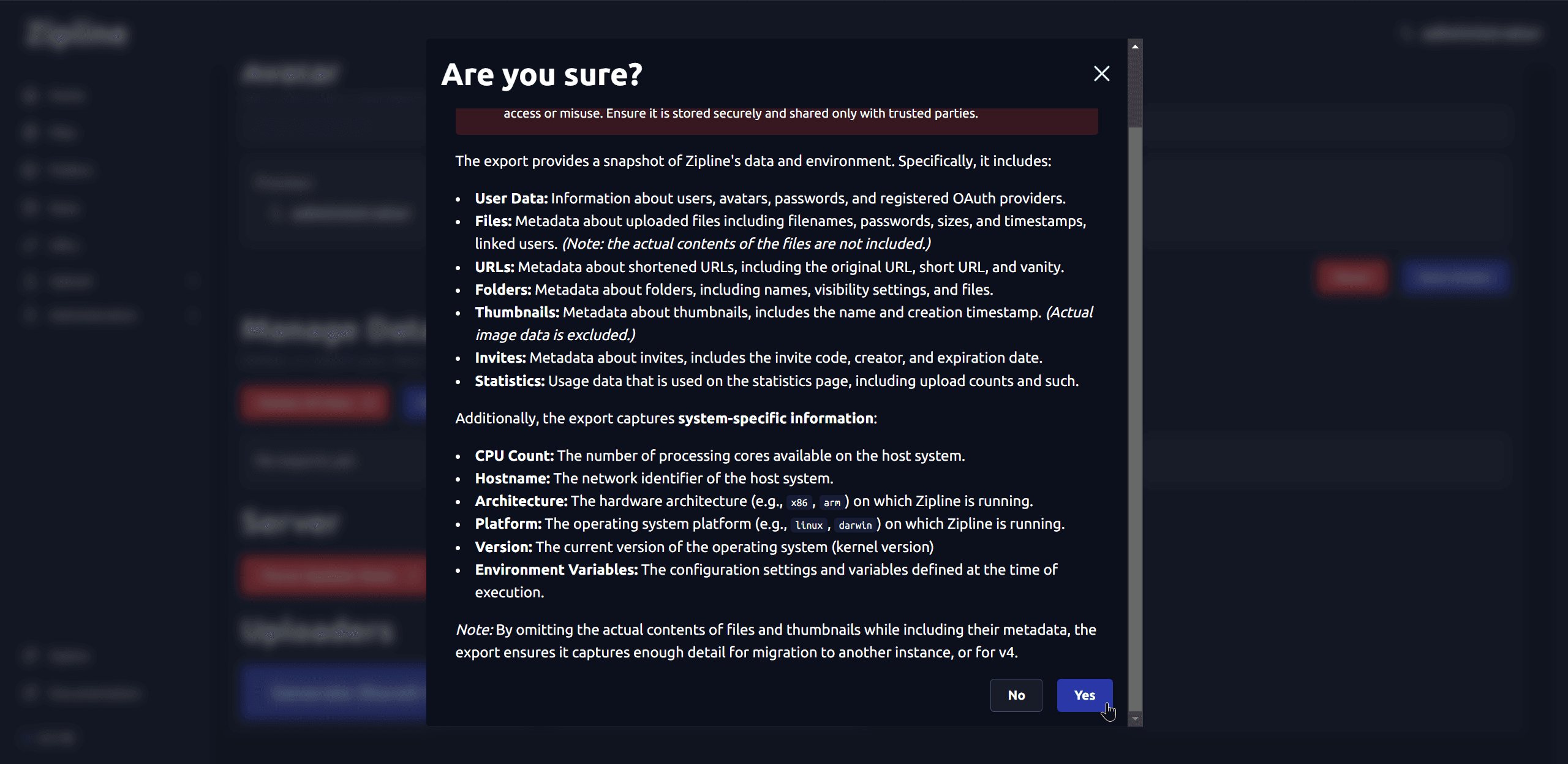 The modal shows what data is collected in the export file and asks for confirmation. Export Data