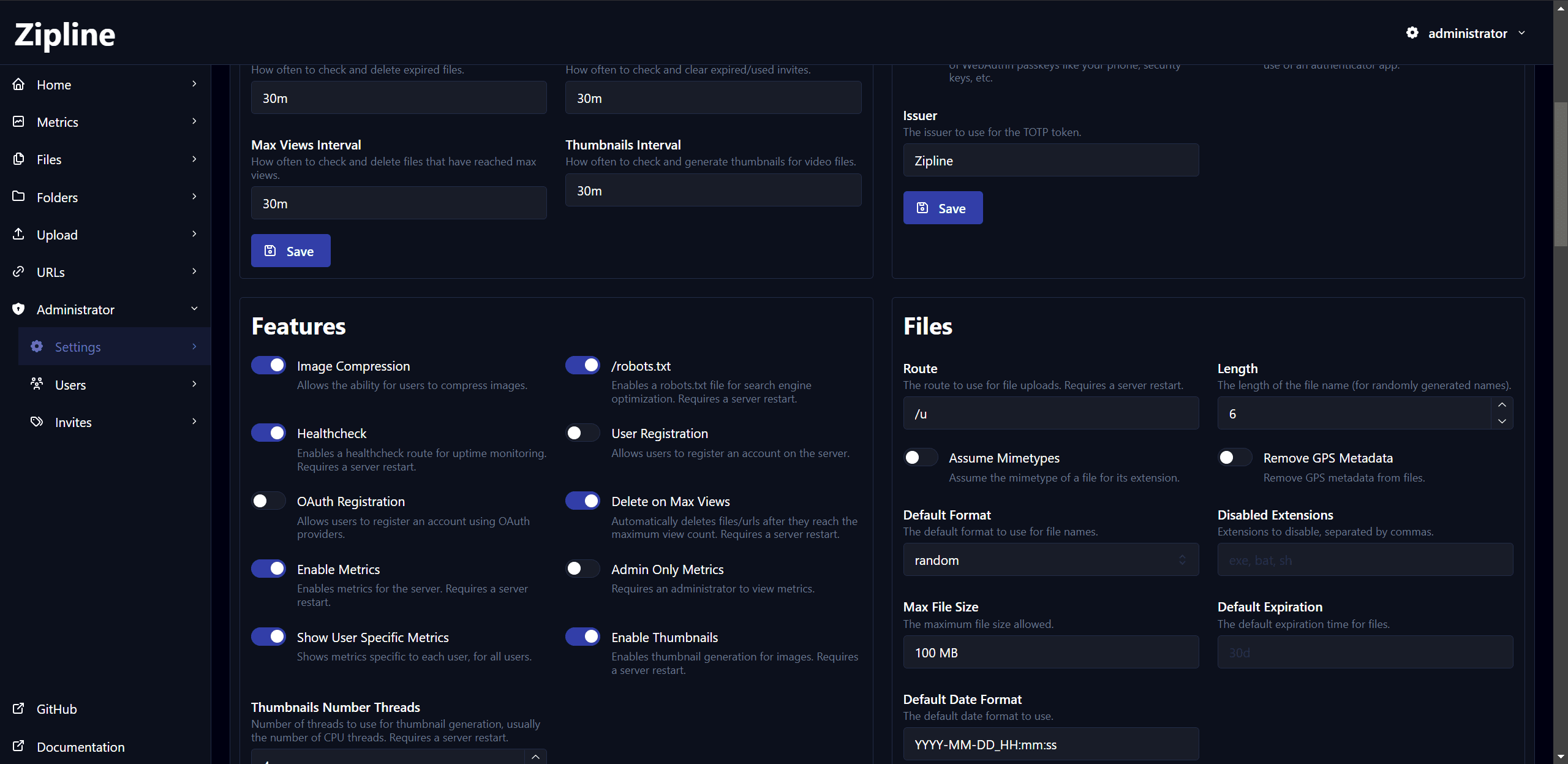 Settings page screenshot