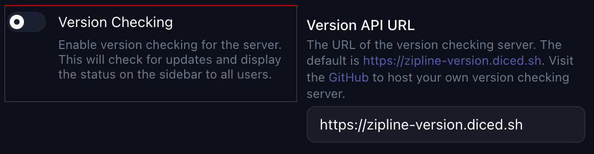 Version Checking toggle in the Server Settings page version checking